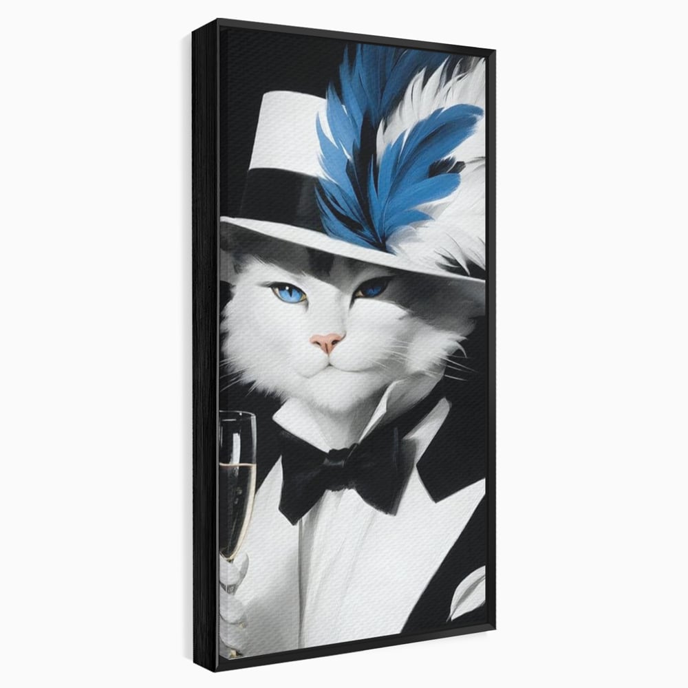 Tablou canvas cu tablou canvas cu pisica aristocrata in costum, in rama de aluminiu negru